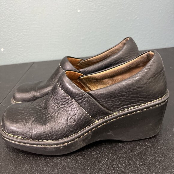 BORN Black Leather Wedge Mule Clogs Women's Slip On Comfort Shoes Sz 8 Nursing - Picture 4 of 10